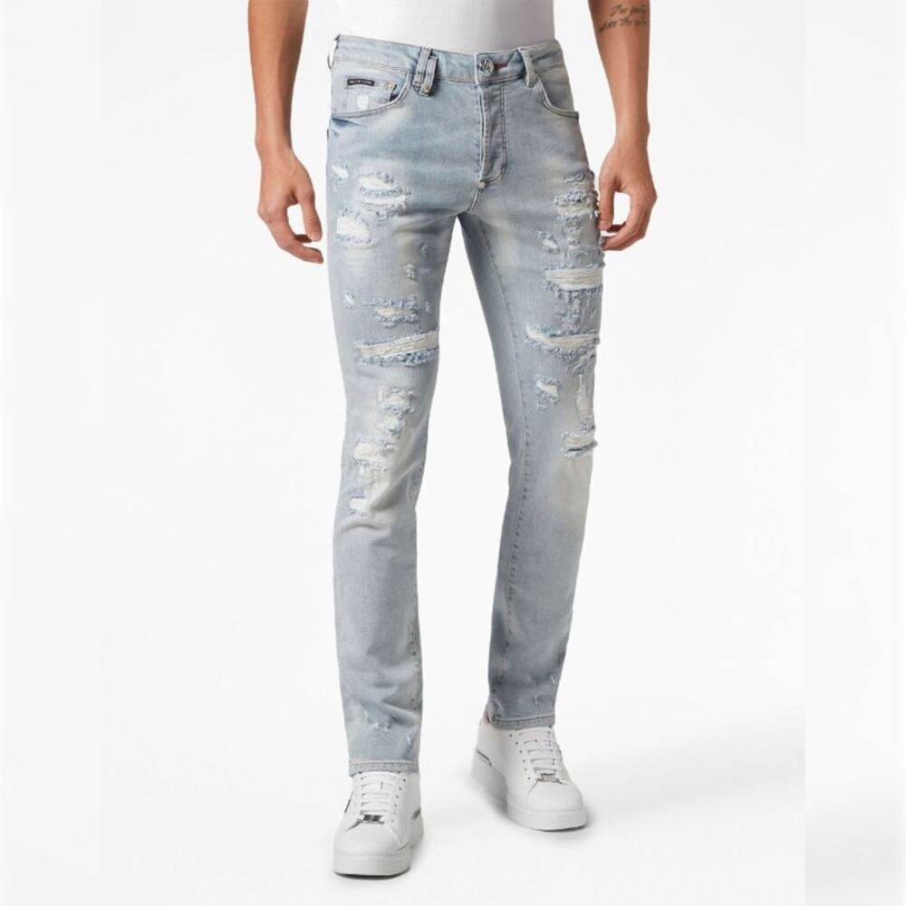 Philipp Plein Super Straight Cut Jeans Ice Cube Light Blue Distressed Studded 34